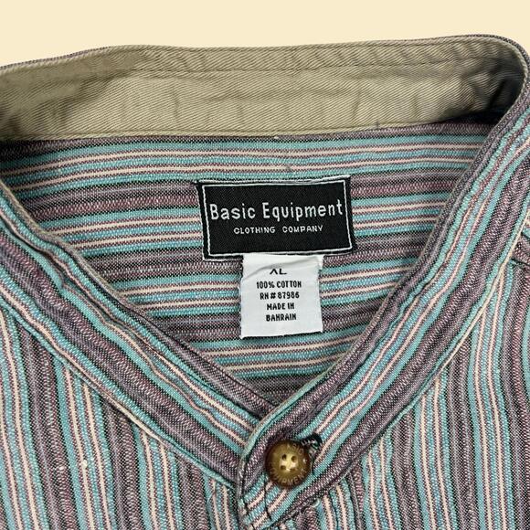 Vintage 1990s XL men's collarless shirt, purple/blue Basic Equipment Clothing Co - Picture 7 of 8